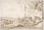 Italian Landscape, Cornelis Cort  Netherlandish, Pen and brown ink (recto); red chalk (verso)