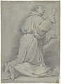 Kneeling Monk, Denijs Calvaert  Netherlandish, Black and white chalk on blue paper