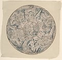 The Seven Virtues in a Roundel, with Faith at the Center, Jan Collaert I (Netherlandish, Antwerp ca. 1530–1581 Antwerp), Pen and brown ink and blue wash; lines indented for transfer