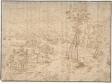 Landscape with a Town by the Seashore and Mountains in the Distance, Matthijs Cock Netherlandish, Pen and brown ink; framing line in black ink