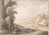Landscape with Fishermen, Maerten de Cock  Netherlandish, Black chalk, pen and brown ink, brush and gray and brown wash; framing lines in pen and black ink