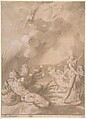 Juno Appearing to Sea Gods, Cornelis Cornelisz van Haarlem  Netherlandish, Pen and brown ink, brush and brown wash, heightened with white gouache, over traces of black chalk, on off-white paper prepared with pink watercolor; traces of framing lines in pen and brown ink