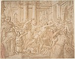 Christ Driving the Money Changers from the Temple, Frans Floris I , attributed to Netherlandish, Pen and brown ink, brush and brown wash, over traces of red and black chalk, touches of pen and red ink