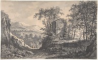 Landscape with an Antique Tomb and Two Wayfarers, Salomon Gessner  Swiss, Pen and black ink, brush and gray wash, over a sketch in black chalk