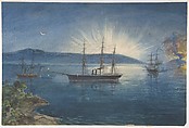 The Bay of Bull Arms, Trinity Bay, Newfoundland, Bonfires Lighted on the Hills to Notify of the Arrival of the Cable Fleet on August 5th, 1858, Robert Charles Dudley (British, 1826–1909), Watercolor over graphite with touches of gouache (bodycolor)