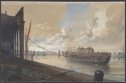 The Cable Passed From the Works into the Hulk (the Old Frigate Iris) Lying in the Thames at Greenwich, Robert Charles Dudley British, Watercolor over graphite with touches of gouache (bodycolor)