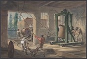 The Reels of Gutta-percha Covered Conducting Wire Conveyed into Tanks at the Works of the Telegraph Construction and Maintenance Company, at Greenwich, Robert Charles Dudley British, Watercolor over graphite with touches of gouache (bodycolor)