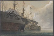 The Old Frigate Iris with Her Freight of Cable Alongside the Great Eastern at Sheerness: The Cable Passed from the Hulk to the Great Eastern, Robert Charles Dudley British, Watercolor over graphite with touches of gouache (bodycolor)