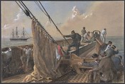 Forward Deck of the Great Eastern Cleared for the First Attempt to Grapple for the Lost Cable, August 11th, 1865, Robert Charles Dudley  British, Watercolor over graphite with touches of gouache (bodycolor)