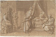The Birth of Saint John the Baptist, Andrea del Sarto (Andrea d'Agnolo) Italian, Pen and brown ink, brush and brown wash, highlighted with Chinese white of brown paper
