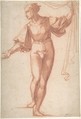 Study for a Standing Young Man, Raising a Curtain and Looking at Left, Baccio Bandinelli Italian, Red chalk