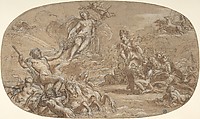 The Birth of Venus, with Neptune, Cybele and the Chariot of the Sun (Homage to Venus), Niccolò Berrettoni Italian, Pen and brown ink, brush and brown wash over black chalk, highlighted with white on beige paper