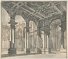 Design for a Stage Set with a Monumental Arcaded Courtyard, Giuseppe Galli Bibiena , Attributed to. Italian, Pen and brown ink, with brush and gray wash