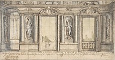 Design for a Painted Wall Decoration for Palazzo Massimo all'Aracoeli (Rome), Basilio Briccio Italian, Pen and ink with green and gray wash, highlighted with white gouache