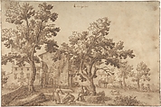 A View of a Village with Figures, Remigio Cantagallina  Italian, Pen and brown ink, over traces of black chalk or leadpoint; framing lines in pen and brown ink