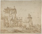 Fanciful Landscape (Landscape with Villa Building and Equestrian Monument), Canaletto (Giovanni Antonio Canal)  Italian, Pen and brown ink