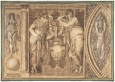 Design for a Frieze with Two Women Flanking an Urn, Giuseppe Cades  Italian, Pen and brown ink, brush and brown wash, highlighted with white, over traces of black chalk