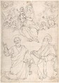 Virgin and Child Appearing in a Glory of Angels to Saint Peter and Saint Paul, Jacopo da Empoli (Jacopo Chimenti) Italian, Pen and dark brown ink, over black chalk; squared in red chalk