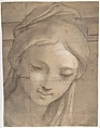 Head of a Young Woman in Three-Quarter View Facing Left, Carlo Cignani  Italian, Brush and brown wash, highlighted with white and cream gouache (partly oxidized), over a preliminary freehand and ruled underdrawing in charcoal, outlines stylus-incised for transfer, on four glued sheets of light tan paper with deckled borders.  Traces of framing outlines stylus-ruled along upper, right, and bottom borders