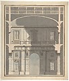 Design for a Stage Set: Design in Section of a Two-Storied Entrance Hall (Recto). Elevation Design for a Monumental Entrance with Columns and Rounded Pediment (Verso)., Giovanni Battista Galliani (Italian, active ca. 1794), Pen and brown ink, brush and gray, pale blue, pink wash over graphite or black chalk. Framing outlines in pen and brown ink. Verso: brush and gray wash over black chalk