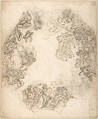 Design for a Ceiling Decoration: A Gathering of Mythological Figures (recto); Dancing Satyr and Two Seated Figures (verso), Anton Domenico Gabbiani (Italian, Florence 1652–1726 Florence), Pen and brown ink, over black chalk (recto); faint red chalk design (verso)