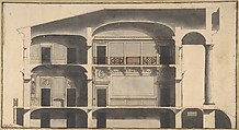 Section of a House with Portico Seen at Right, Giovanni Battista Galliani  Italian, Pen and brown ink, brush and gray wash over black chalk