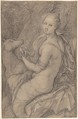 The Sense of Hearing; verso: light sketch of a woman's head and an arm, Hendrick Goltzius (Netherlandish, Mühlbracht 1558–1617 Haarlem), Black chalk, heightened with white chalk, stumped; traces of brown and yellow chalks