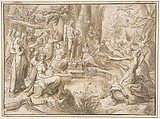 The Challenge of the Pierides, from Ovid's Metamorphosis (Book V: 294-678), Karel van Mander I (Netherlandish, Meulebeke 1548–1606 Amsterdam), Pen and brown ink, brush and brown wash; framing lines in pen and brown ink