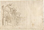 The Fire at San Marcuola (recto); Roman Ruins (verso), Francesco Guardi (Italian, Venice 1712–1793 Venice), Pen and brown ink, brush and brown wash, over black chalk (recto); framing lines in pen and brown ink
Pen and brown ink, brush and brown wash, over black chalk; framing lines in pen and brown ink at the left, top and bottom border in graphite at the right border (verso)