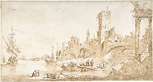 Capriccio with a Seaport and Classical Ruins, Francesco Guardi Italian, Pen and brown ink, brush and brown wash, over black chalk