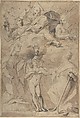 Allegory of Religion (God the Father above, Faith, Hope, and Charity below), Ludovico Lana  Italian, Pen and brown ink, brush and brown and rose-brown wash, highlighted with white, on brownish paper
