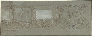 Design for a Wall Decoration with the Sacrifice of Abraham and the Flight into Egypt, Giovanni Lanfranco Italian, Pen and brown ink, brush and brown wash, over traces of red chalk, highlighted with white gouache, on blue paper; architectural moldings above and below indicated in ruled black chalk lines