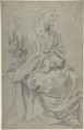 Seated Draped Male Figure (recto); Rough Studies of Putti (verso), attributed to Giovanni Lanfranco (Italian, Parma 1582–1647 Rome), Black chalk, faint traces of white on gray-blue paper (recto); black chalk (verso)