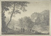 Classical Landscape with Hunters in the Foreground, Giovanni Battista ("Titta") Lusieri Italian, Graphite; framing lines in pen and brown ink and brush and gray wash
