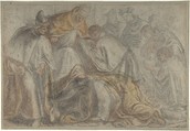 The Emperor Frederick Barbarossa Submitting to Pope Alexander III in the Presence of a Doge, Pietro Malombra Italian, Black, gray, red, brown, and yellow chalk, on faded blue paper