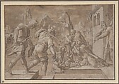 Adoration of the Shepherds, Master of Liechtenstein (probably Netherlandish, active ca. 1549–50), Pen and brown ink, brown wash, and white gouache on off-white paper prepared with light brown wash; framing line in pen and brown ink