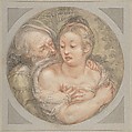The Illmatched Couple, Jacob Matham  Netherlandish, Black and red chalk, brush and green wash; laid down on blue cardboard mount; framing lines in pen and gold, brown and red ink