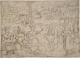 The Month of June, Shearing Sheep (recto); Couples Drinking Wine, The Month of October (verso), Master of the Months of Lucas (Netherlandish, active about 1535), Pen and brown ink, brush and light gray-brown wash (faded from violet?)