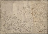 The Month of June, Shearing Sheep (recto); Couples Drinking Wine, The Month of October (verso), Master of the Months of Lucas (Netherlandish, active about 1535), Pen and brown ink, brush and light gray-brown wash (faded from violet?); framing lines in pen and brown ink