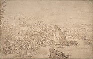 River Landscape with Wagons on a Road near a Village, Joos de Momper the Younger  Netherlandish, Pen and brown ink, brown wash, traces of black chalk