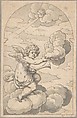 Putto Holding a Cloud and Horn, Crispijn de Passe the Elder Netherlandish, Pen and black ink, brush and gray wash. Incised for transfer