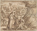 Aaron and Nadab Taking Leave of Elisheba (?), with the Israelites Camped before Mount Sinai and Moses Ascending the Mountain., Adam van Noort Netherlandish, Pen and brown ink, brush and brown wash. Framing lines in pen and brown ink. Indented for transfer