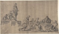 Figures Surrounding a Man Lying on the Ground; verso: A Group of Figures, Anonymous, German, 18th century, Brush and gray ink, over a sketch in black chalk; verso: black chalk
