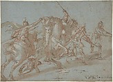 Classical Battle Scene; Verso: Peter and John Heal a Cripple at the Gate of the Temple, Bartholomeus Spranger (Netherlandish, Antwerp 1546–1611 Prague), Pen and brown ink, brown wash, heightened with white, over red chalk on blue paper. Partially visible framing lines in pen and brown ink on left and bottom edges