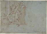 Classical Battle Scene; Verso: Peter and John Heal a Cripple at the Gate of the Temple, Bartholomeus Spranger (Netherlandish, Antwerp 1546–1611 Prague), Pen and brown ink, brush and brown wash, heightened with white, over red chalk on blue paper. Partially visible framing lines in pen and brown ink on left and bottom edges