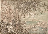 Huntsmen and Company Observing Dogs Retrieving Ducks in a Pond (The Month of April), Pieter Stevens Netherlandish, Pen and brown and black ink, brown wash, watercolor and gouache, over black chalk