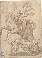 Horses and Dog, Anonymous, 17th century, Pen and brown ink, brush and brown wash