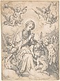 The Virgin and Child Surrounded by Little Angels in the Clouds, Friedrich Sustris (Netherlandish (possibly born Italy), Venice (?) ca. 1540–1599 Munich), Pen and brown ink and gray wash with white heightening