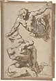 Studies for Four Figures (recto); Composition Sketches for Groupings of Figures on Clouds (verso), Jacopo Palma the Younger (Italian, Venice ca. 1548–1628 Venice), Brush with brown and white oil paint, over black chalk, on light brown paper (recto); black chalk and charcoal (verso)