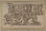 Design for a Festival Float or Barge, Perino del Vaga (Pietro Buonaccorsi) Italian, Pen and brown ink, brush and brown wash, highlighted with white, over black chalk, on faded blue paper